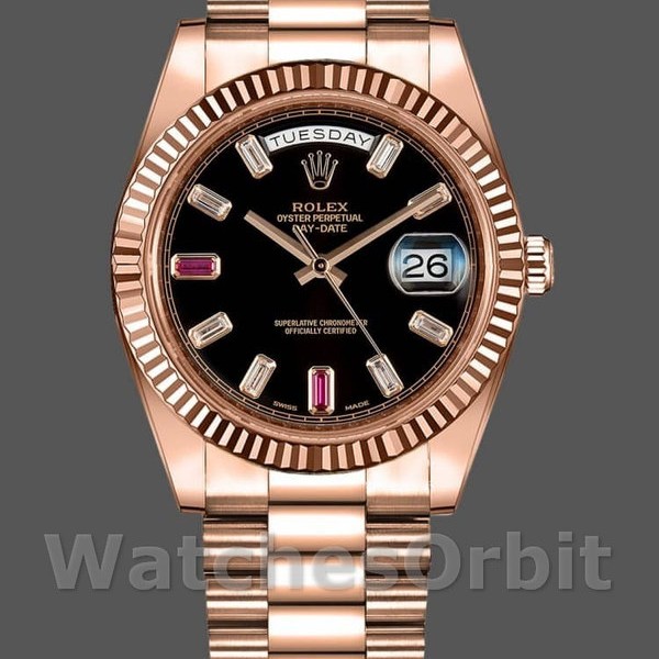 Replica Rolex Day-Date 218235 Diamonds and Rubies Black Dial Rose Gold 41MM Herren Replica Uhr Exklusive Herren Replica Uhr online kaufen