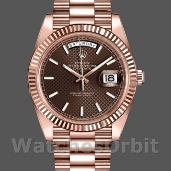 Replica Rolex Day-Date 228235 Chocolate Brown Diagonal Motif Dial Fluted Bezel 40mm Herren Replica Uhr
