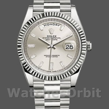 Replica Rolex Day-Date 228239 Silver Baguette Diamond Dial Fluted Bezel 40mm Herren Replica Uhr