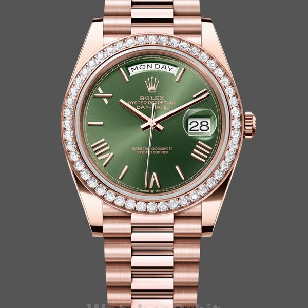 Replica Rolex Day-Date 228345RBR 0011 Olive Green Roman Dial Diamond Bezel 40mm Herren Replica Uhr Robuste Qualität