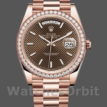 Replica Rolex Day-Date 228345RBR Chocolate Brown Diagonal Motif Dial Diamond Bezel 40mm Herren Replica Uhr