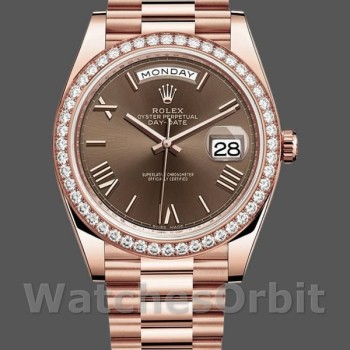Replica Rolex Day-Date 228345RBR Chocolate Brown Roman Dial Diamond Bezel 40mm Herren Replica Uhr