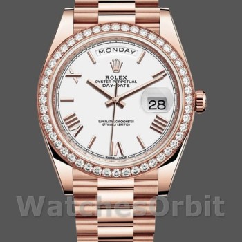 Replica Rolex Day-Date 228345RBR White Roman Dial Diamond Bezel 40mm Herren Replica Uhr