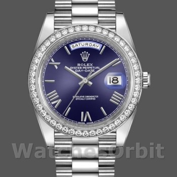 Replica Rolex Day-Date 228349RBR Blue Roman Dial Diamond Bezel 40mm Herren Replica Uhr