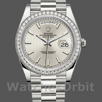 Replica Rolex Day-Date 228349RBR Silver Stripe Motif Dial Diamond Bezel 40mm Herren Replica Uhr