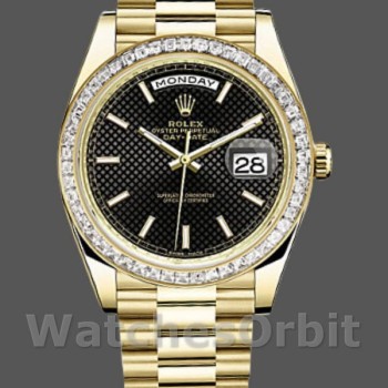 Replica Rolex Day-Date 228398TBR Black Diagonal Motif Dial Diamond Bezel 40mm Herren Replica Uhr