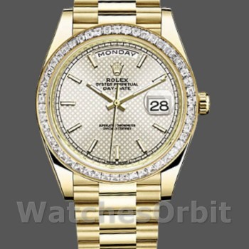 Replica Rolex Day-Date 228398TBR Silver Diagonal Motif Dial Diamond Bezel 40mm Herren Replica Uhr