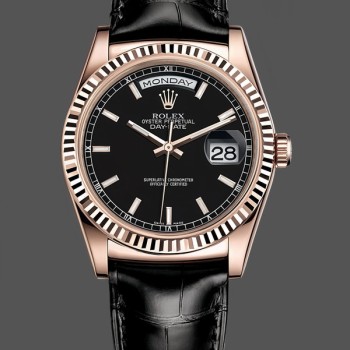 Replica Rolex Day Date 36 Everose Gold Black Dial 118135 0063 Lederuhr