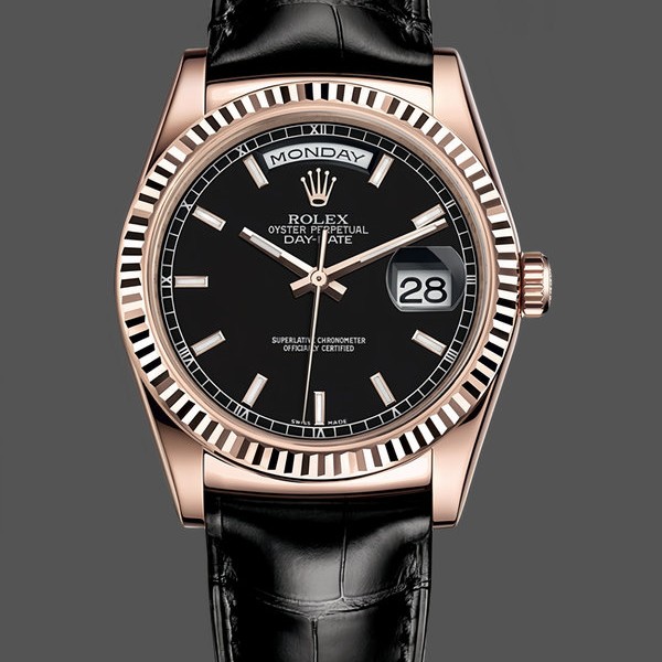 Replica Rolex Day Date 36 Everose Gold Black Dial 118135 0063 Lederuhr Präzise Verarbeitung