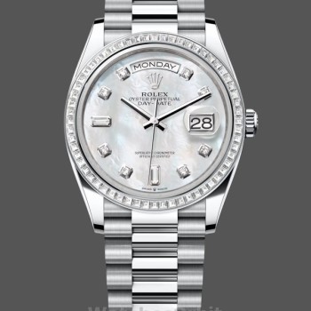 Replica Rolex Day Date 36 Mother of Pearl Dial Diamond Bezel Platinum President m128396tbr 0005