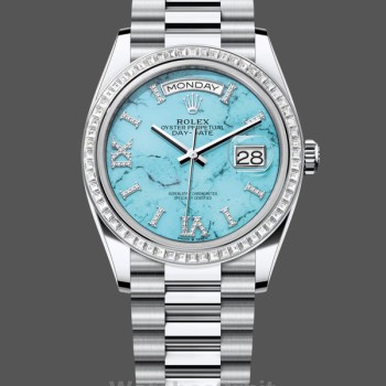 Replica Rolex Day Date 36 Platinum Turquoise Diamond-Set Roman Dial Diamond Bezel m128396tbr 0016