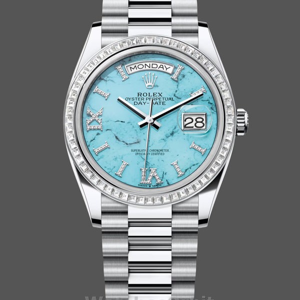 Replica Rolex Day Date 36 Platinum Turquoise Diamond-Set Roman Dial Diamond Bezel m128396tbr 0016 Luxuriöser Stil