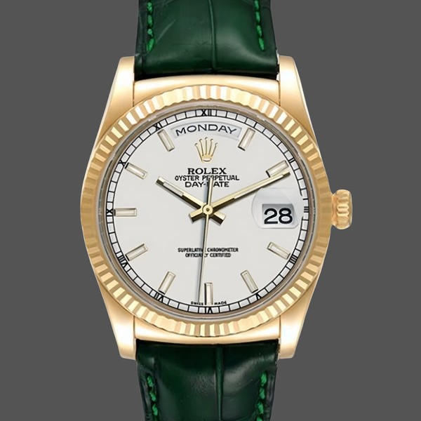 Replica Rolex Day Date 36 White Dial 118135 0123 Green Leather Uhr Elegantes Design