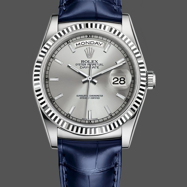 Replica Rolex Day Date 36 Weißgold Silber Zifferblatt 118139 0097 Blaues Lederarmband Stilvolles Accessoire