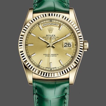 Replica Rolex Day Date 36 Gelbgold Champagner Zifferblatt 118138 0125 Grünes Armband