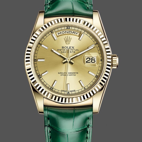 Replica Rolex Day Date 36 Gelbgold Champagner Zifferblatt 118138 0125 Grünes Armband Exklusive Verarbeitung