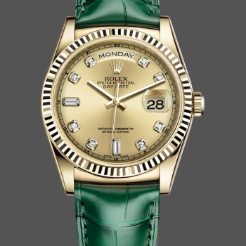 Replica Rolex Day Date 36 Gelbgold Champagner Zifferblatt 118138 0148 Grünes Lederarmband