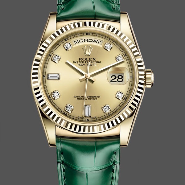 Replica Rolex Day Date 36 Gelbgold Champagner Zifferblatt 118138 0148 Grünes Lederarmband Klassisches Design