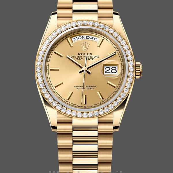 Replica Rolex Day Date 36 Gelbgold Champagner Zifferblatt Diamant Lünette m128348rbr 0026 Edle Materialien