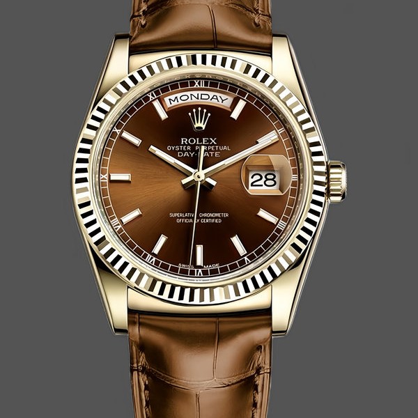 Replica Rolex Day Date 36 Gelbgold Schokoladen-Zifferblatt 118138 0005 Lederuhr Hochwertige Nachbildung