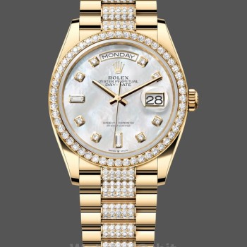 Replica Rolex Day Date 36 Gelbgold Diamant Lünette MOP Zifferblatt m128348rbr 0019
