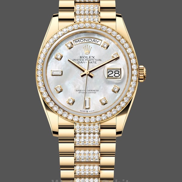 Replica Rolex Day Date 36 Gelbgold Diamant Lünette MOP Zifferblatt m128348rbr 0019 Perfekte Damen Uhr