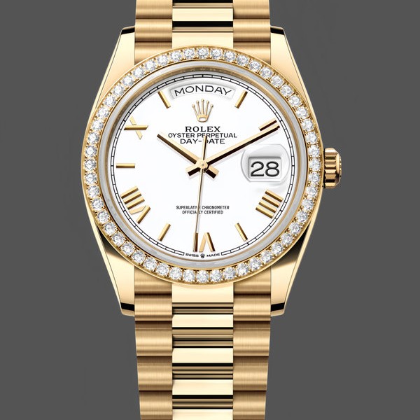 Replica Rolex Day Date 36 Gelbgold m128348rbr 0064 Weißes Zifferblatt Luxuriöse Optik