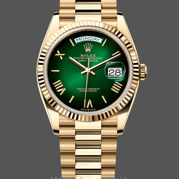 Replica Rolex Day Date 36mm Fluted Lünette Grün Ombre Zifferblatt President Armband m128238 0118 Hochwertige Nachbildung