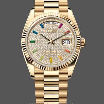 Replica Rolex Day Date 36mm Gelbgold 128238 0051 Pave Rainbow Diamond Dial Geriffelte Lünette