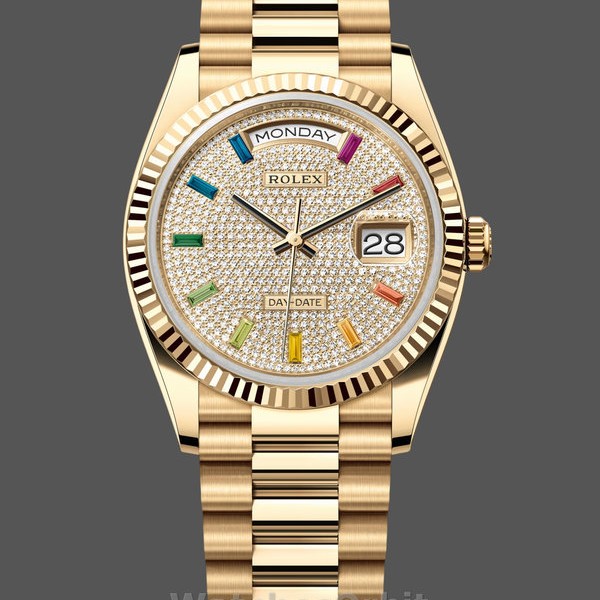 Replica Rolex Day Date 36mm Gelbgold 128238 0051 Pave Rainbow Diamond Dial Geriffelte Lünette Edle Materialien