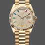 Replica Rolex Day Date 36mm Gelbgold 128238 0051 Pave Rainbow Diamond Dial Geriffelte Lünette