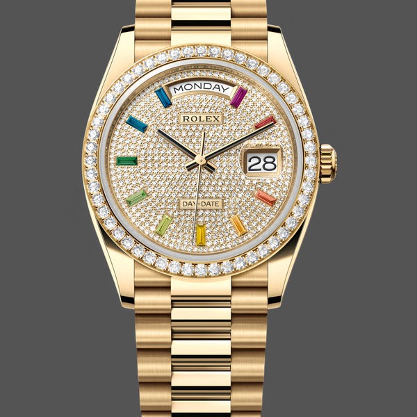 Replica Rolex Day Date 36mm Gelbgold 128348RBR 0030 Pave Rainbow Diamonds Sapphires Dial Hochwertige Nachbildung