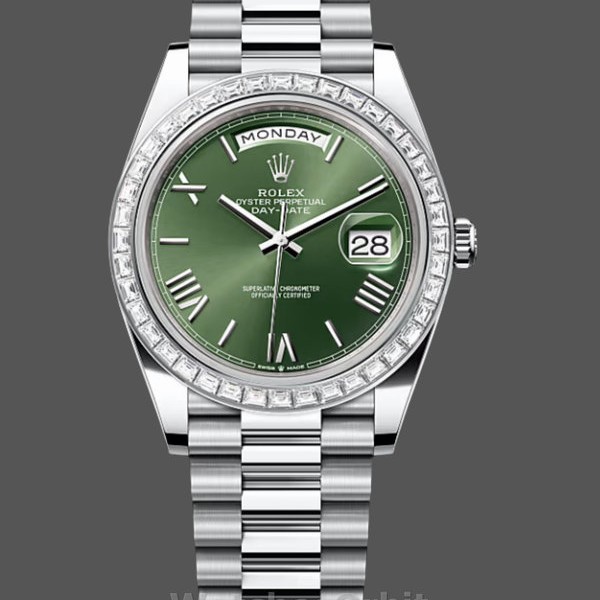 Replica Rolex Day Date 40 Platinum Olive Green Dial Diamond Bezel M228396TBR 0020 Replica Uhr Schweizer Handwerkskunst