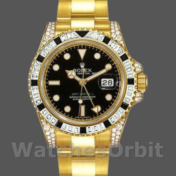 Replica Rolex GMT-Master II 116758 Gelbgold Schwarz Zifferblatt Diamanten 40mm Herren Replica Uhr