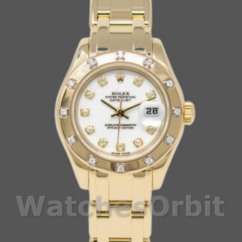 Replica Rolex Pearlmaster 80318 Gelbgold Weißes Zifferblatt 29MM Lady Uhren Replica Uhr
