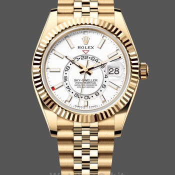 Replica Rolex Sky Dweller 42 Gelbgold GMT Weißes Zifferblatt Jubiläumsstil M336938 0006 Herrenuhr
